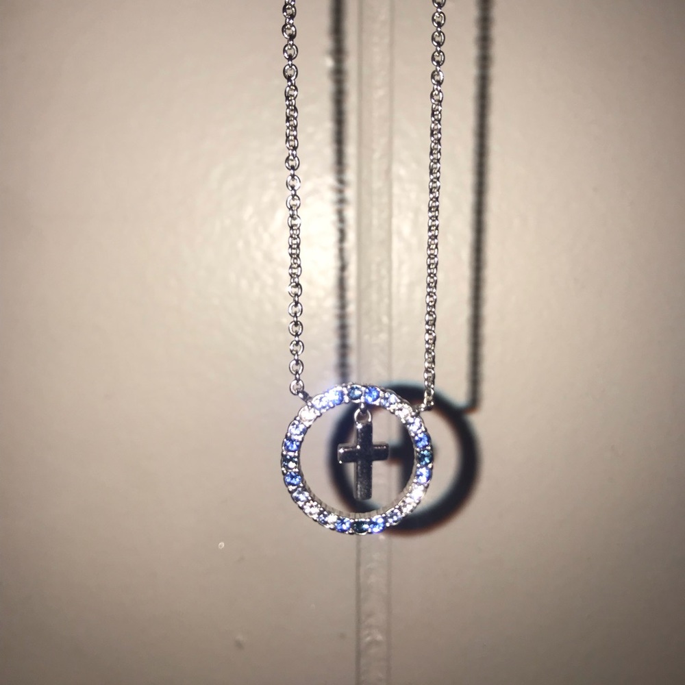 Blue and white diamond necklace w/ cross